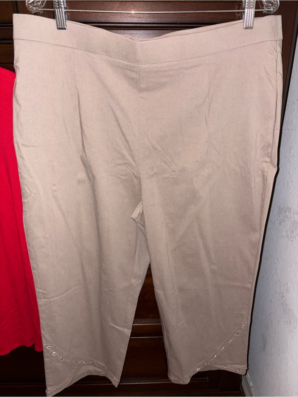 Blair Taupe Stretch Capri Pants with Stud Hem
